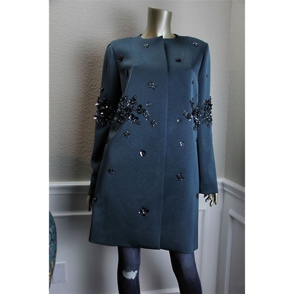 NWT ZAC POSEN Teal Sark Blue Beaded Sequin Rhinestone Jacket Coat 12 - Picture 2 of 7